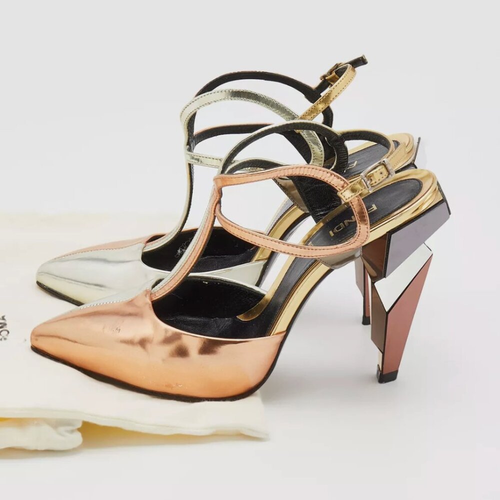 Fendi Metallic Tri-Color Leather Pointed Toe Ankle Strap Pumps Size 36